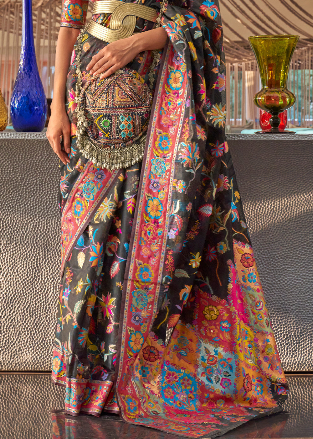 Pebble Black Jamawar Woven Cotton Silk Saree Clothsvilla
