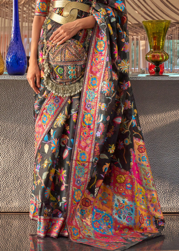 Pebble Black Jamawar Woven Cotton Silk Saree Clothsvilla
