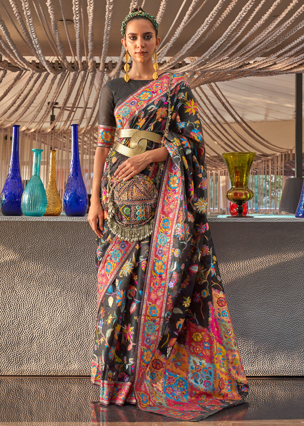 Pebble Black Jamawar Woven Cotton Silk Saree Clothsvilla