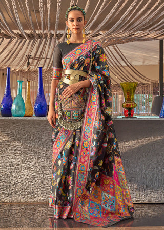 Pebble Black Jamawar Woven Cotton Silk Saree Clothsvilla