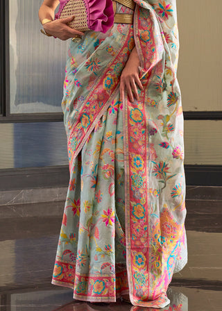 Light Blue Jamawar Woven Cotton Silk Saree Clothsvilla
