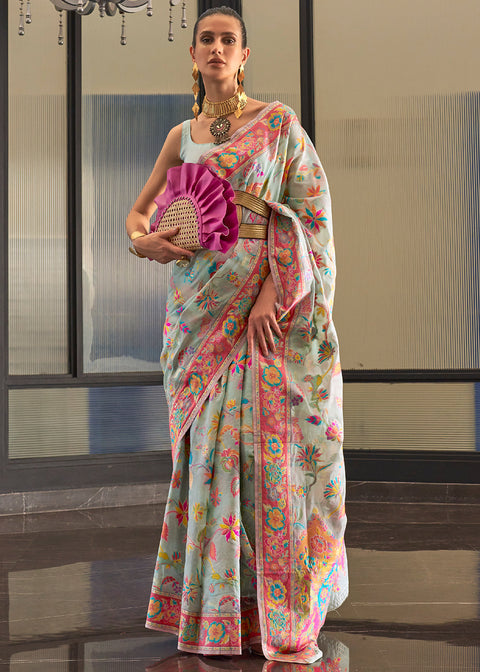 Light Blue Jamawar Woven Cotton Silk Saree Clothsvilla Main image