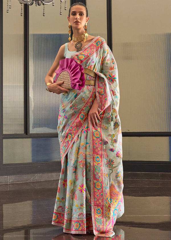 Light Blue Jamawar Woven Cotton Silk Saree Clothsvilla