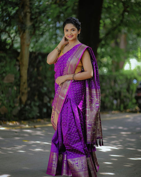 Apurva Gore in Suhasini Soft Silk Woven Saree Purple Clothsvilla Main image