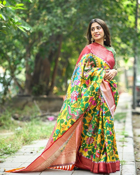 Kalamkari Gala Printed Woven Saree Yellow with Red Clothsvilla Main image