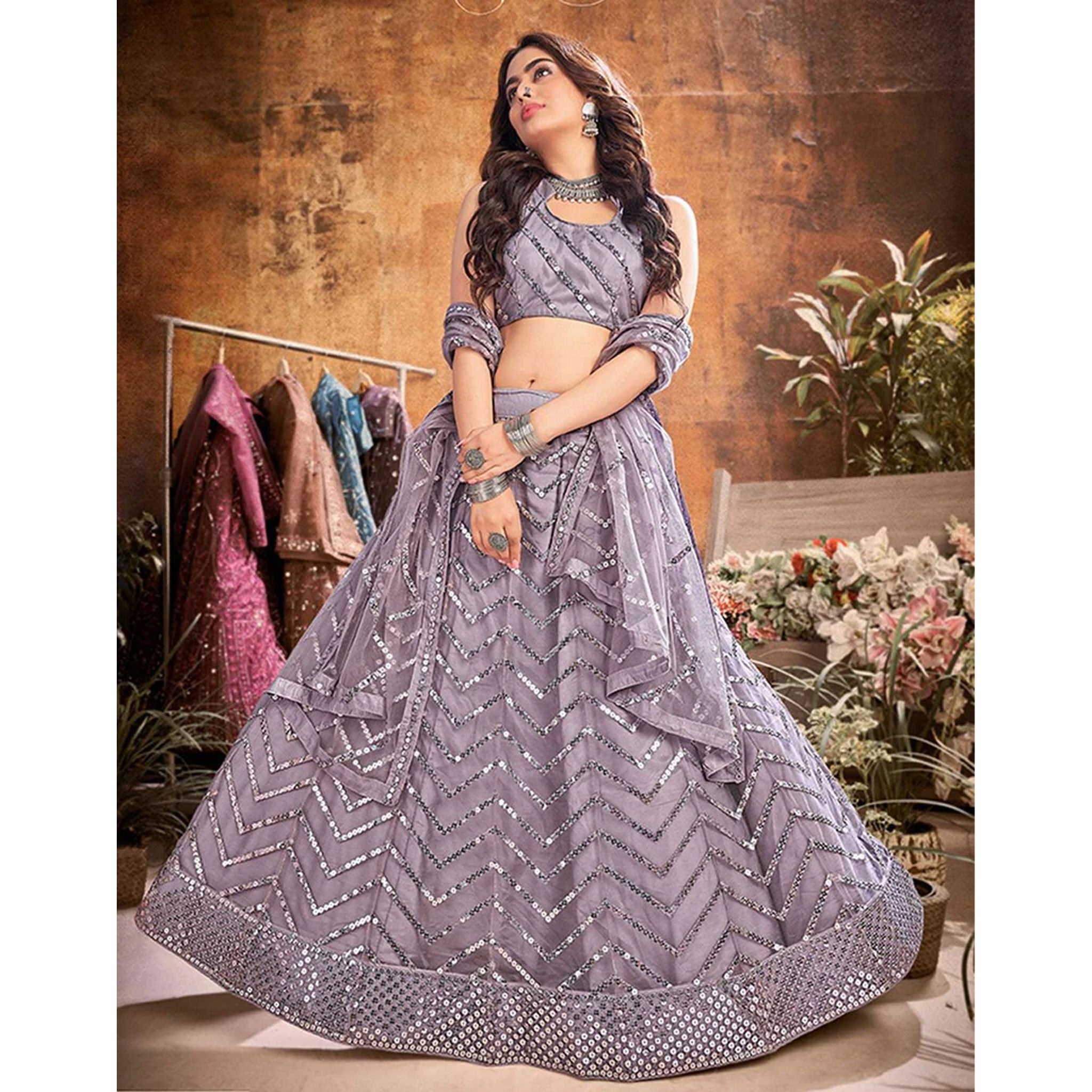 Grey Thread and Sequence work Lehenga choli ClothsVilla
