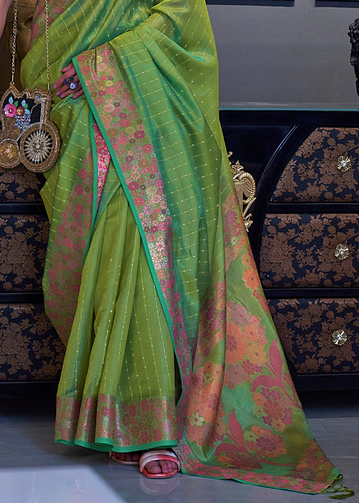 Sheen Green Handloom Woven Dual Tone Organza Silk Saree with Sequins Work Clothsvilla