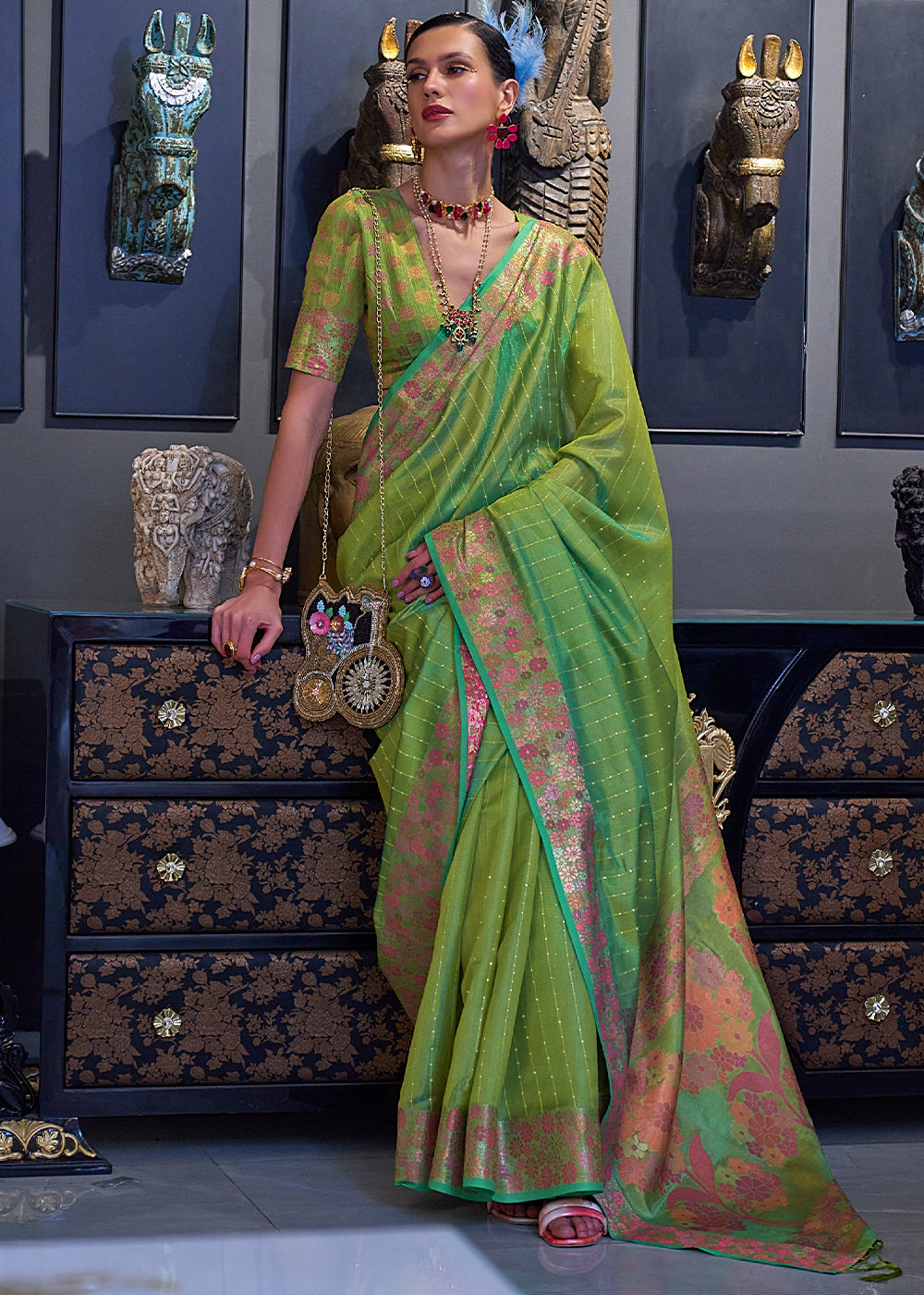 Sheen Green Handloom Woven Dual Tone Organza Silk Saree with Sequins Work Clothsvilla