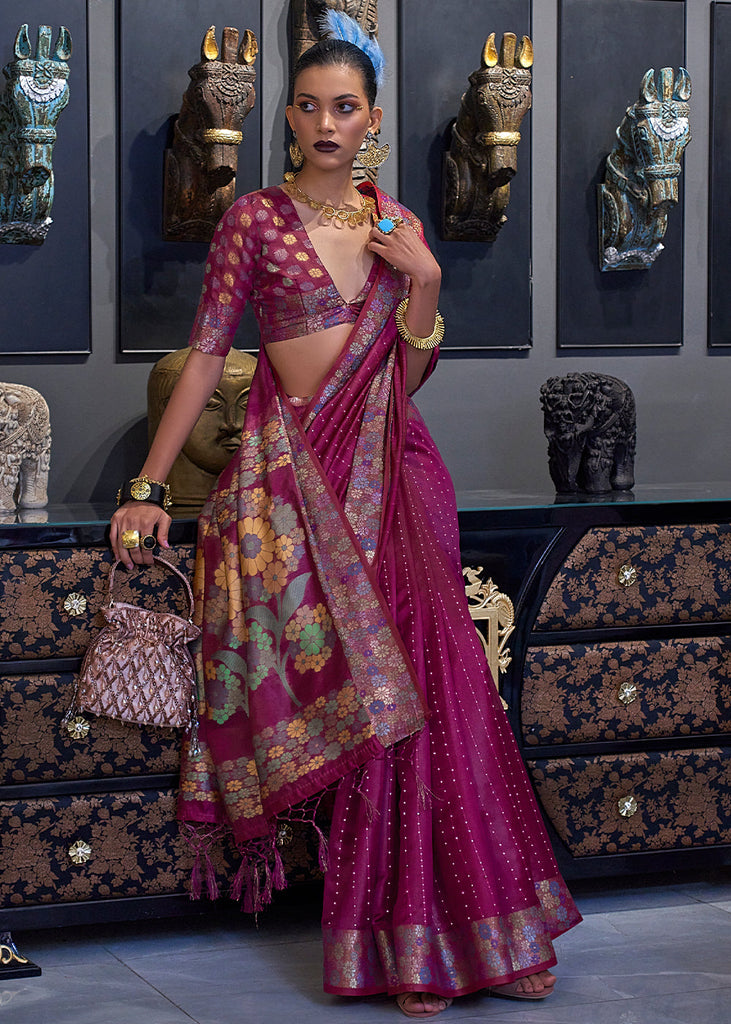 Plum Purple Handloom Woven Dual Tone Organza Silk Saree with Sequins Work Clothsvilla