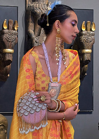 Cyber Yellow Handloom Woven Dual Tone Organza Silk Saree with Sequins Work Clothsvilla