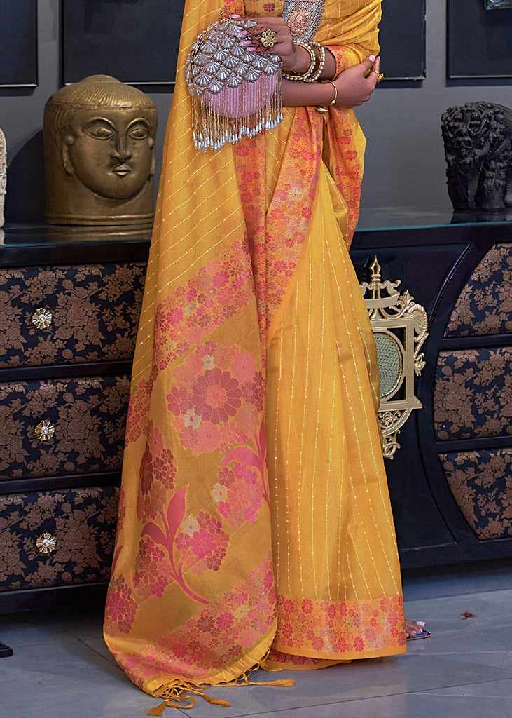 Cyber Yellow Handloom Woven Dual Tone Organza Silk Saree with Sequins Work Clothsvilla