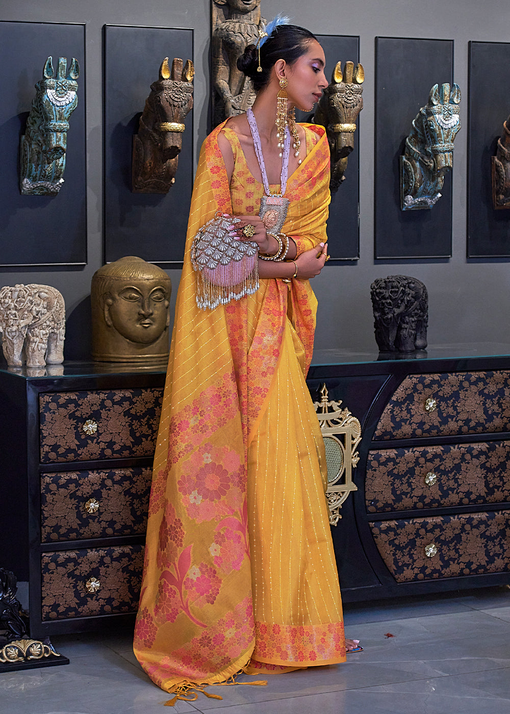Cyber Yellow Handloom Woven Dual Tone Organza Silk Saree with Sequins Work Clothsvilla Main image
