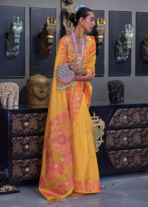Cyber Yellow Handloom Woven Dual Tone Organza Silk Saree with Sequins Work Clothsvilla Main image