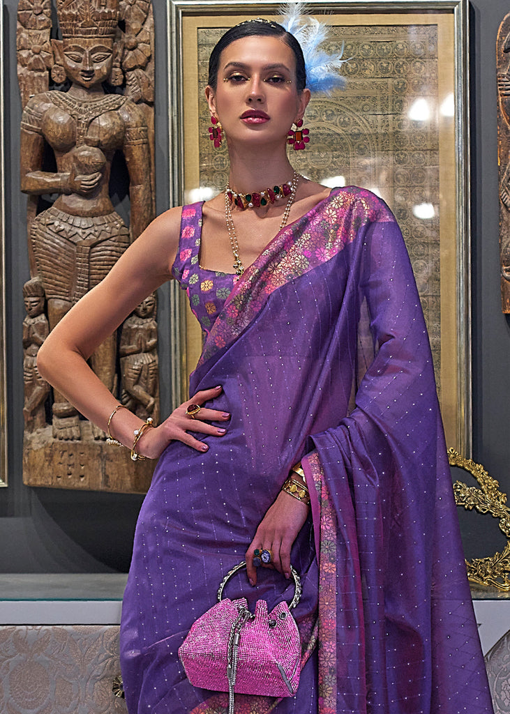 Eminence Purple Handloom Woven Dual Tone Organza Silk Saree with Sequins Work Clothsvilla