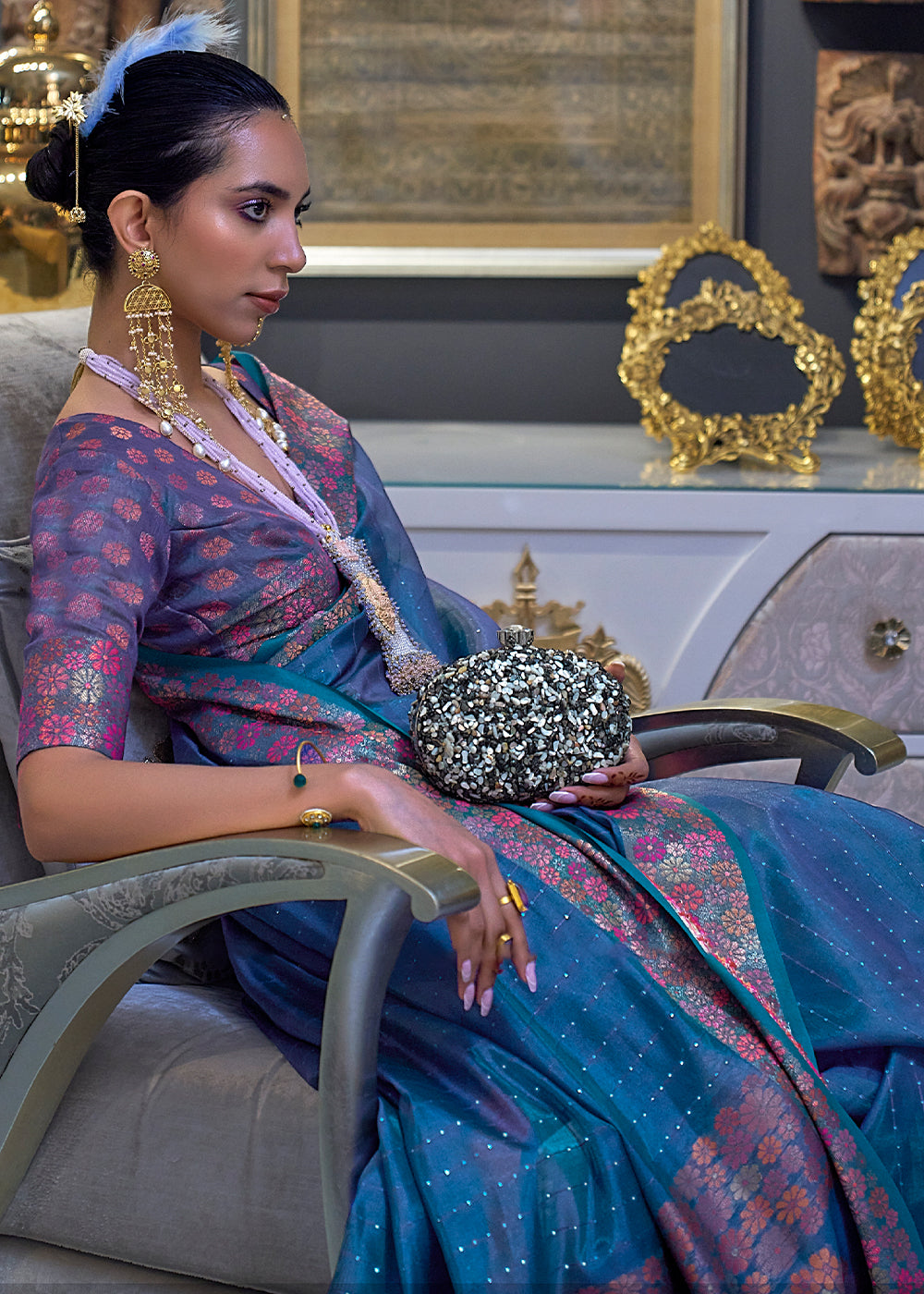 Cobalt Blue Handloom Woven Dual Tone Organza Silk Saree with Sequins Work Clothsvilla