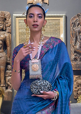 Cobalt Blue Handloom Woven Dual Tone Organza Silk Saree with Sequins Work Clothsvilla