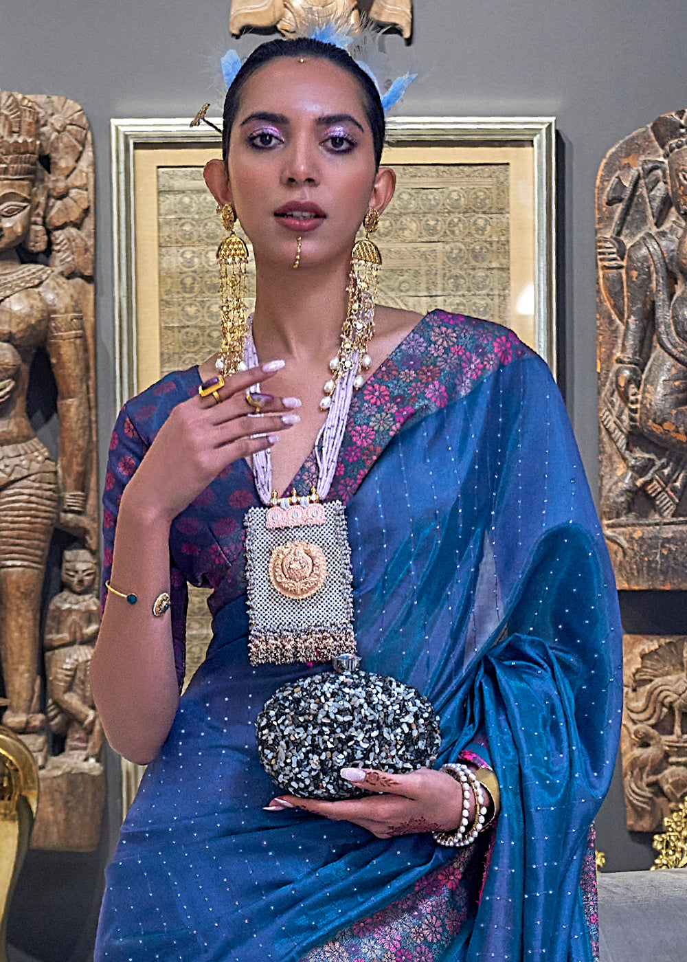Cobalt Blue Handloom Woven Dual Tone Organza Silk Saree with Sequins Work Clothsvilla