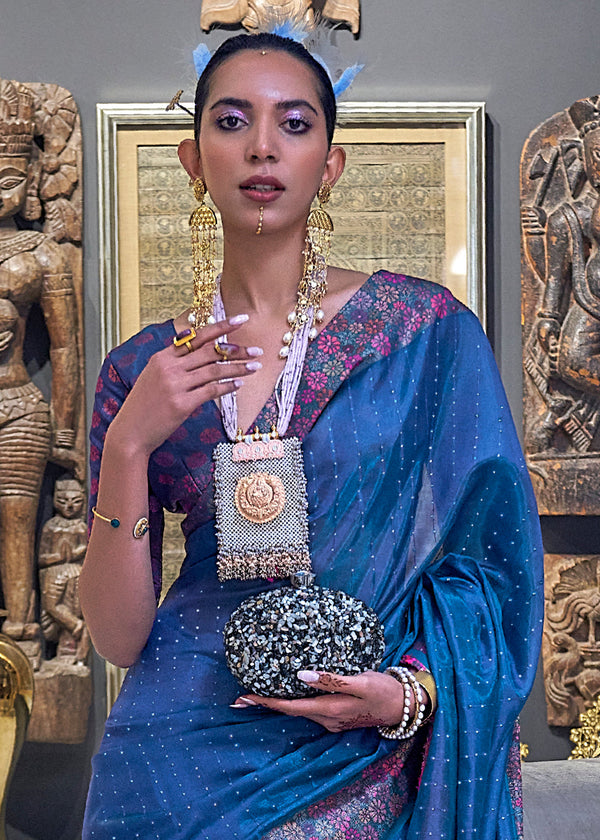 Cobalt Blue Handloom Woven Dual Tone Organza Silk Saree with Sequins Work Clothsvilla