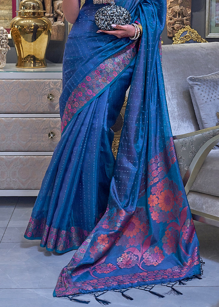 Cobalt Blue Handloom Woven Dual Tone Organza Silk Saree with Sequins Work Clothsvilla
