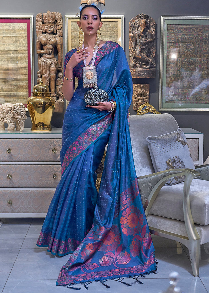 Cobalt Blue Handloom Woven Dual Tone Organza Silk Saree with Sequins Work Clothsvilla