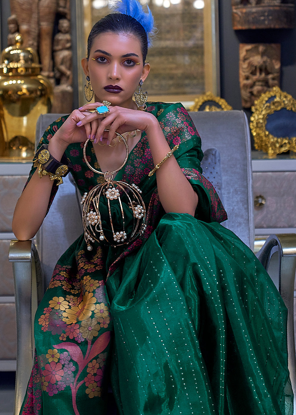 Dark Green Handloom Woven Dual Tone Organza Silk Saree with Sequins Work Clothsvilla