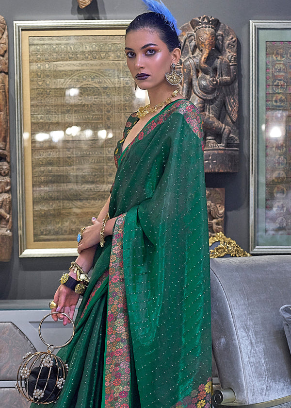 Dark Green Handloom Woven Dual Tone Organza Silk Saree with Sequins Work Clothsvilla