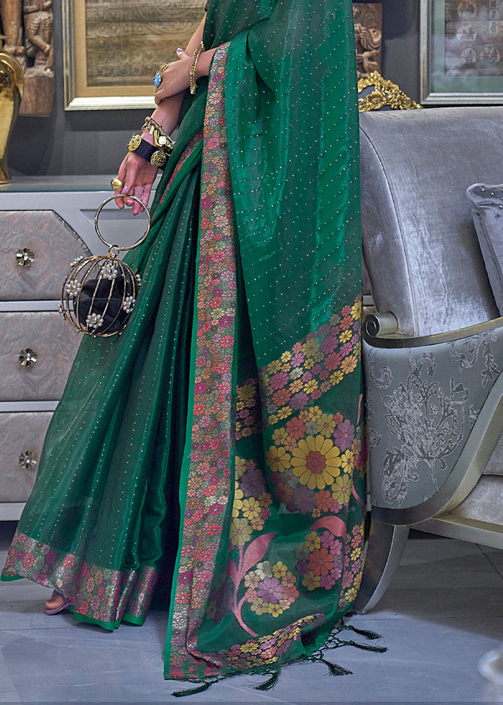 Dark Green Handloom Woven Dual Tone Organza Silk Saree with Sequins Work Clothsvilla