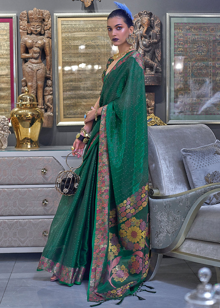 Dark Green Handloom Woven Dual Tone Organza Silk Saree with Sequins Work Clothsvilla