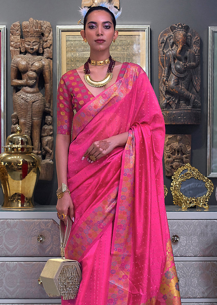 Rose Pink Handloom Woven Dual Tone Organza Silk Saree with Sequins Work Clothsvilla