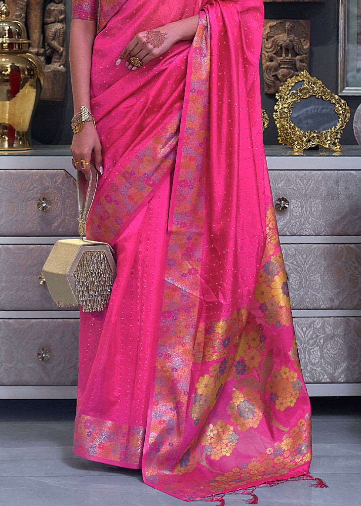 Rose Pink Handloom Woven Dual Tone Organza Silk Saree with Sequins Work Clothsvilla