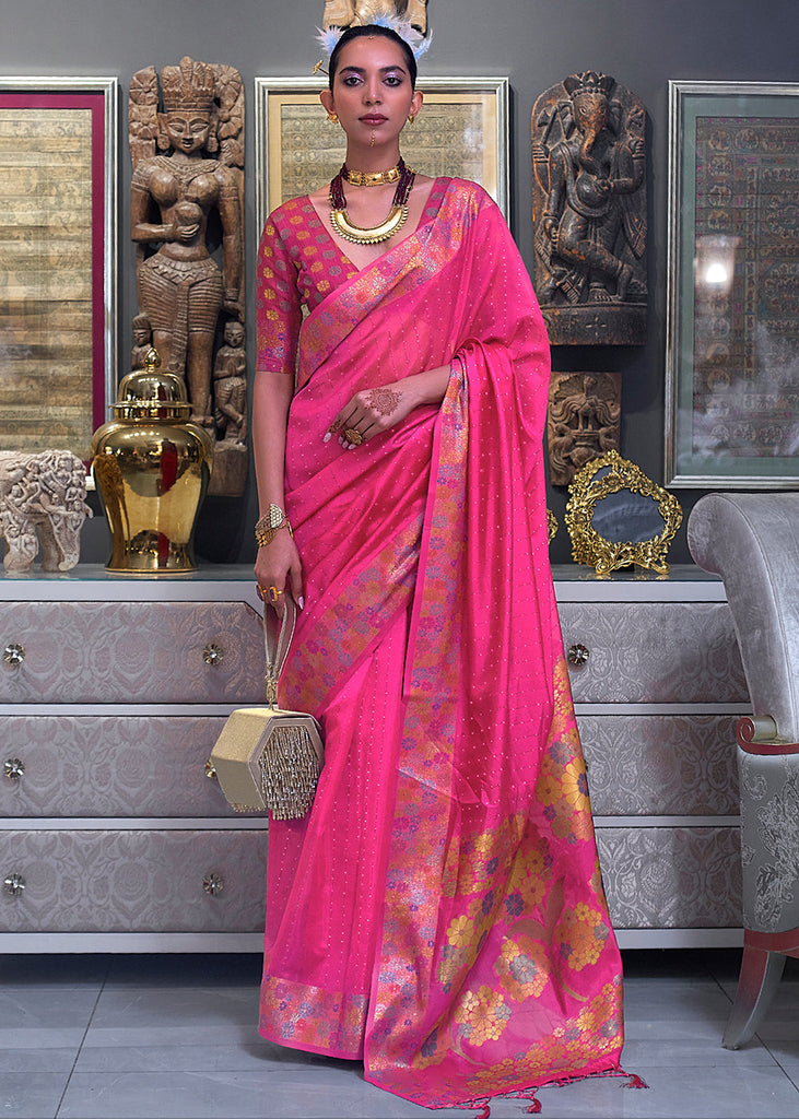 Rose Pink Handloom Woven Dual Tone Organza Silk Saree with Sequins Work Clothsvilla