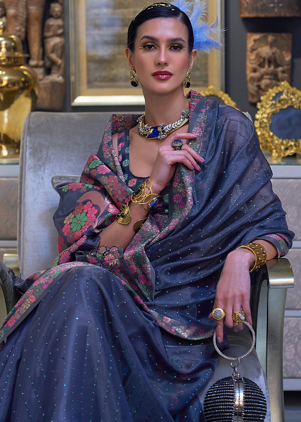 Midnight Blue Handloom Woven Dual Tone Organza Silk Saree with Sequins Work Clothsvilla