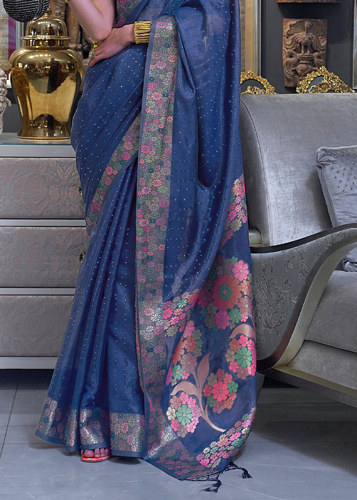 Midnight Blue Handloom Woven Dual Tone Organza Silk Saree with Sequins Work Clothsvilla