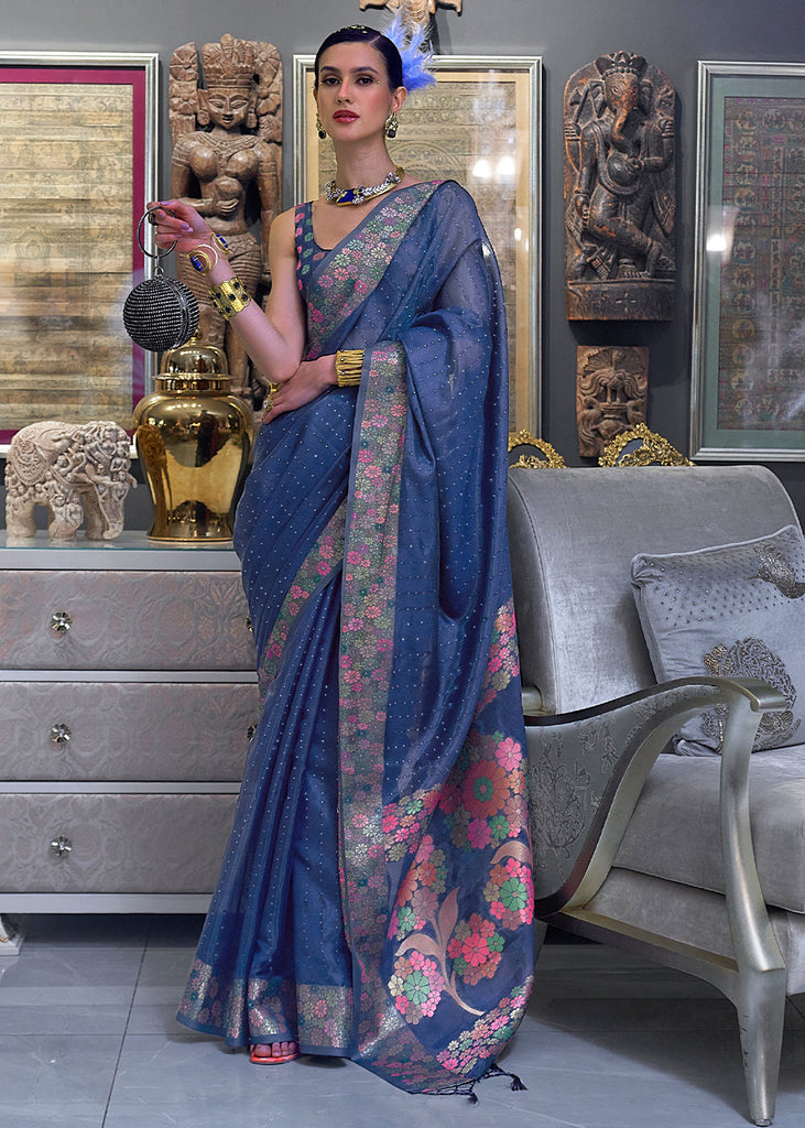 Midnight Blue Handloom Woven Dual Tone Organza Silk Saree with Sequins Work Clothsvilla