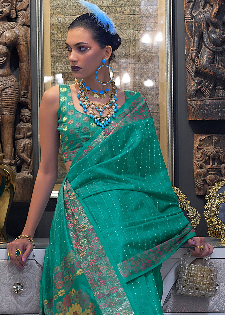 Turquoise Green Handloom Woven Dual Tone Organza Silk Saree with Sequins Work Clothsvilla