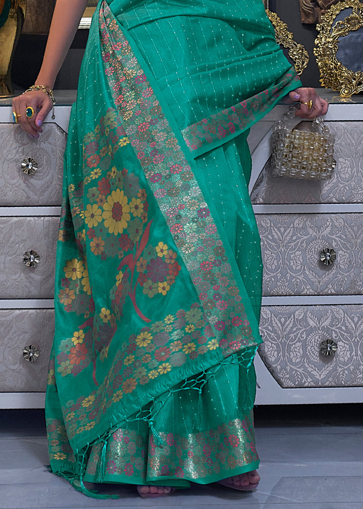 Turquoise Green Handloom Woven Dual Tone Organza Silk Saree with Sequins Work Clothsvilla