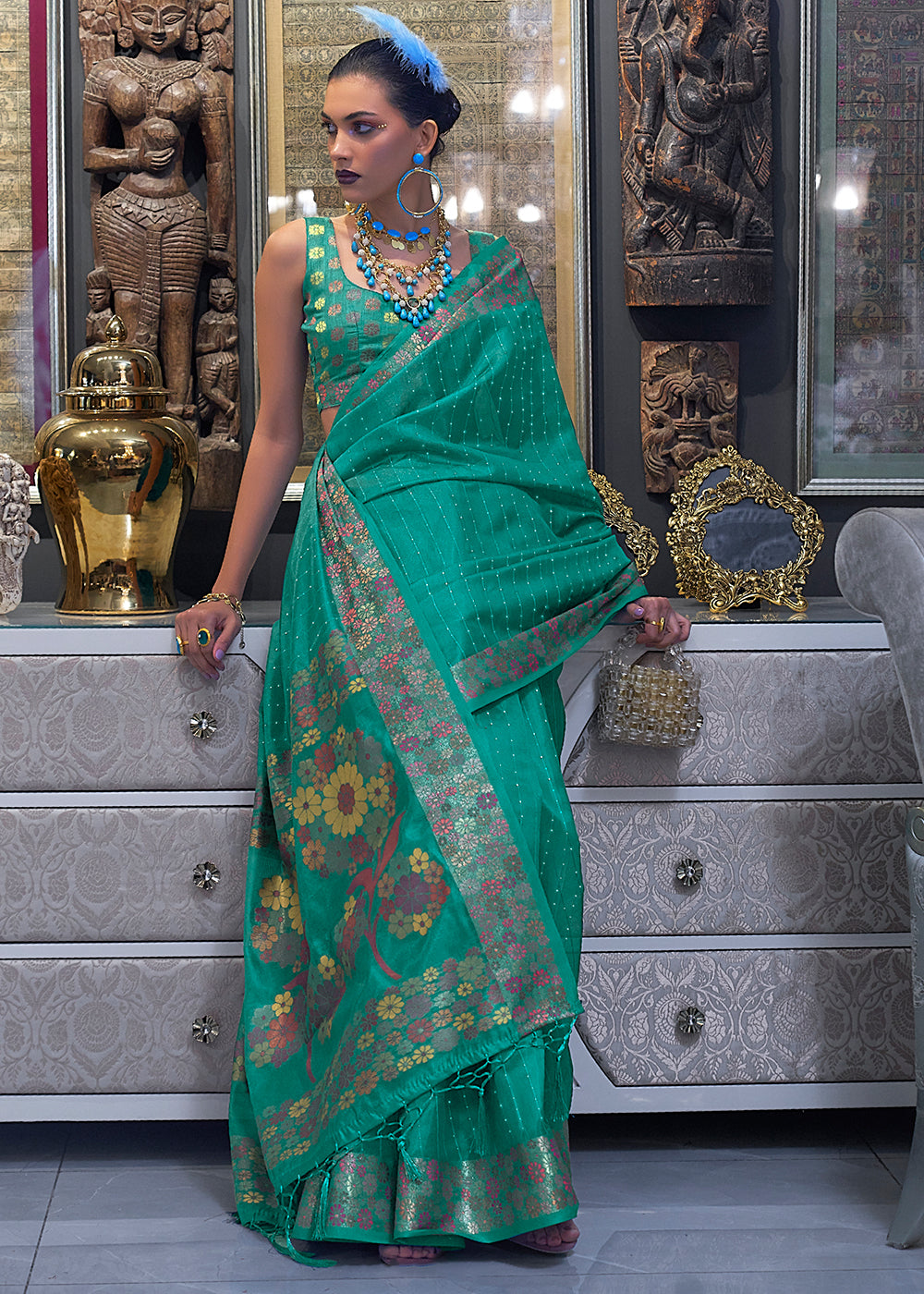 Turquoise Green Handloom Woven Dual Tone Organza Silk Saree with Sequins Work Clothsvilla