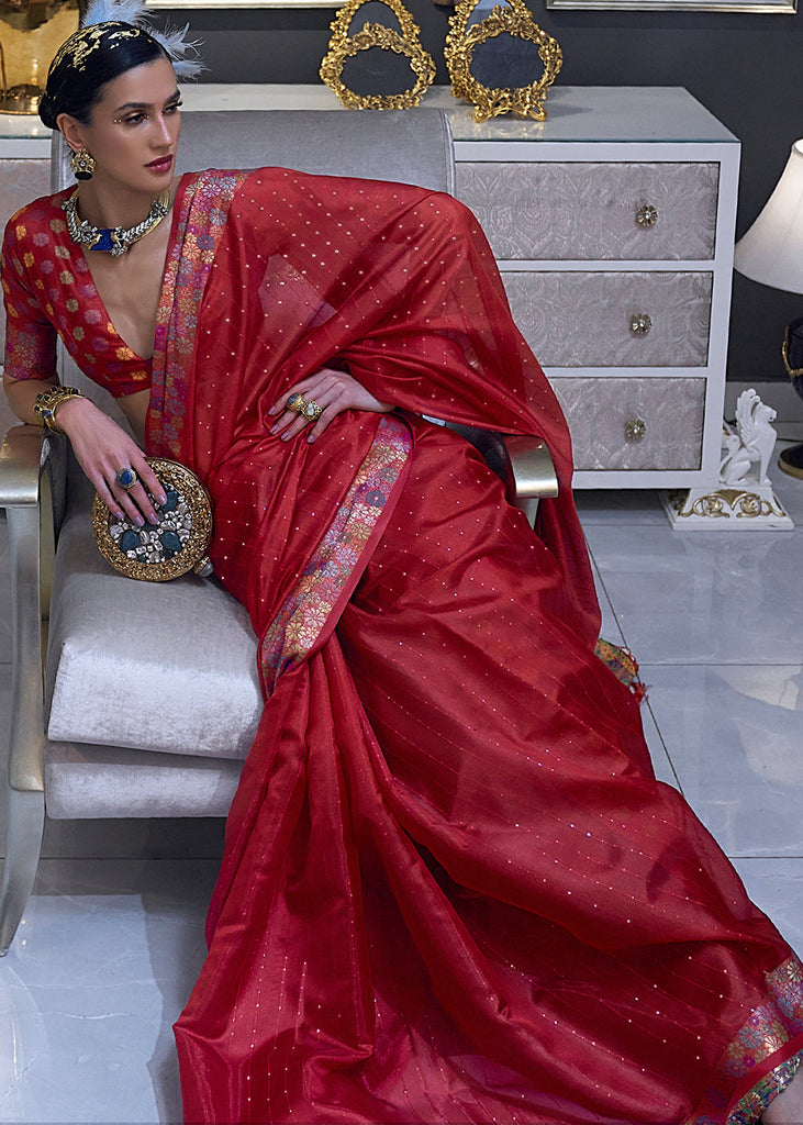 Crimson Red Handloom Woven Dual Tone Organza Silk Saree with Sequins Work Clothsvilla