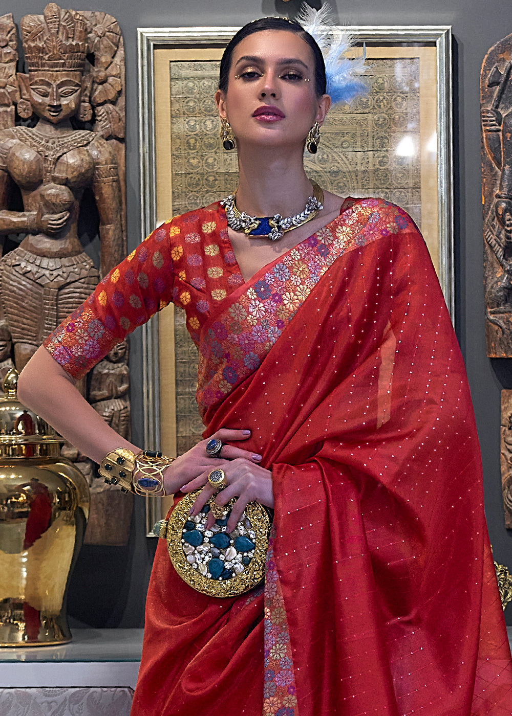 Crimson Red Handloom Woven Dual Tone Organza Silk Saree with Sequins Work Clothsvilla
