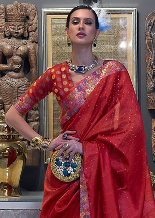 Crimson Red Handloom Woven Dual Tone Organza Silk Saree with Sequins Work Clothsvilla