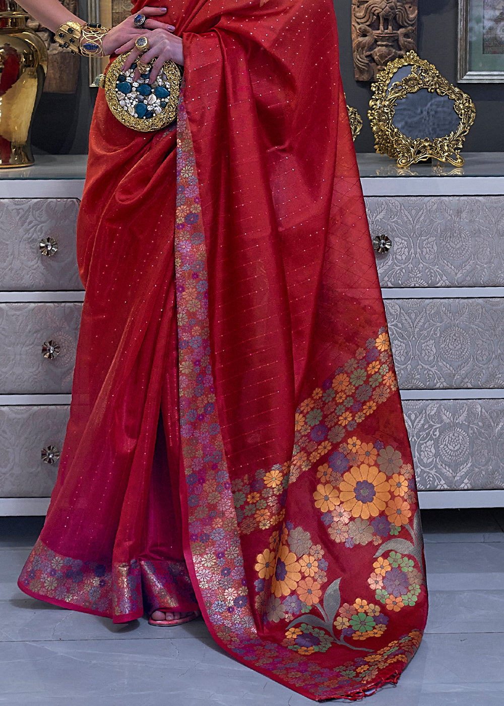 Crimson Red Handloom Woven Dual Tone Organza Silk Saree with Sequins Work Clothsvilla