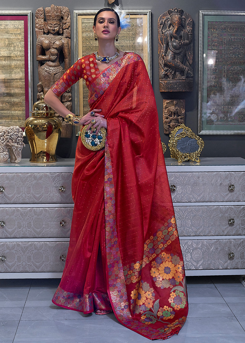 Crimson Red Handloom Woven Dual Tone Organza Silk Saree with Sequins Work Clothsvilla