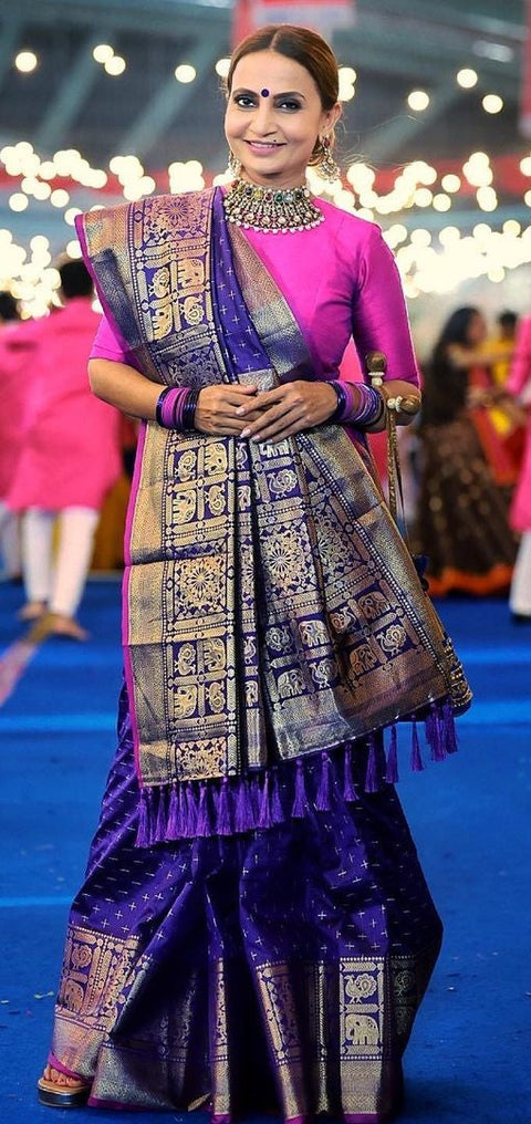 Roopal Shah in Suhasini Soft Silk Woven Saree Violet Clothsvilla Main image