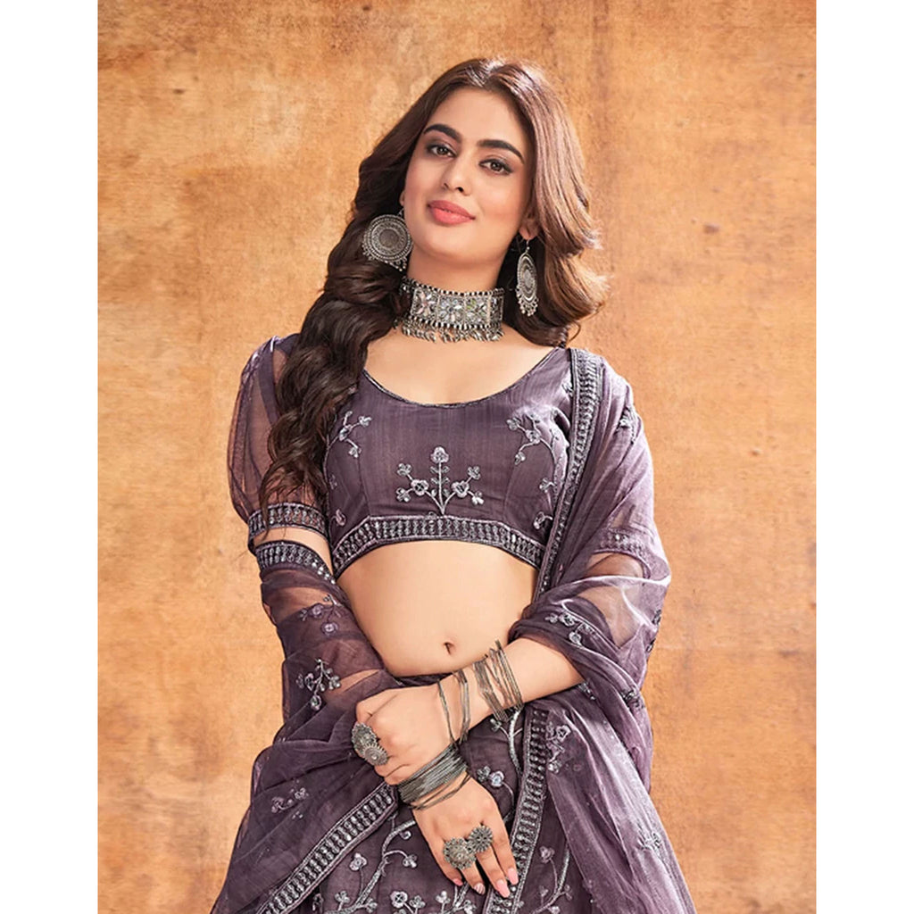 Warm Grey Thread and Sequence work Lehenga choli ClothsVilla