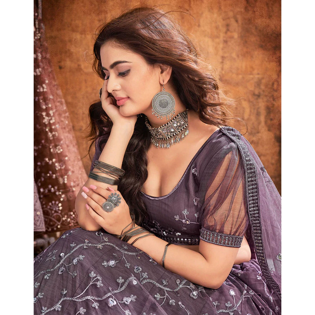 Warm Grey Thread and Sequence work Lehenga choli ClothsVilla