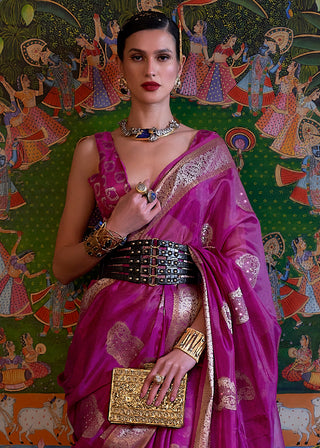 Lollipop Purple Handloom Woven Dual Tone Organza Silk Saree with Sequins Work Clothsvilla