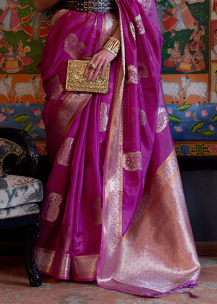 Lollipop Purple Handloom Woven Dual Tone Organza Silk Saree with Sequins Work Clothsvilla
