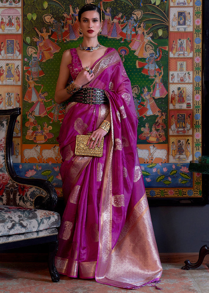 Lollipop Purple Handloom Woven Dual Tone Organza Silk Saree with Sequins Work Clothsvilla