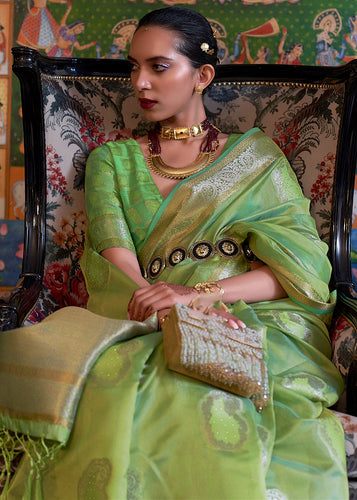 Kelly Green Handloom Woven Dual Tone Organza Silk Saree with Sequins Work Clothsvilla
