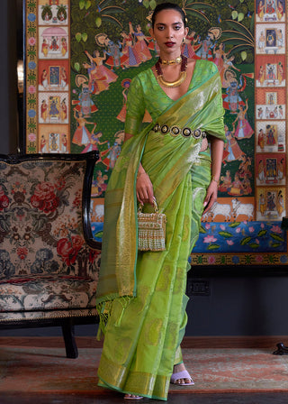 Kelly Green Handloom Woven Dual Tone Organza Silk Saree with Sequins Work Clothsvilla